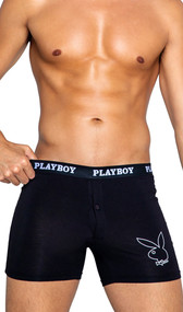 Classic boxer briefs feature ultra soft modal fabric, Playboy bunny head logo outline print with bowtie, logo elastic waistband, and button fly closure.
