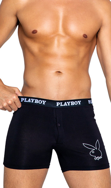 Classic boxer briefs feature ultra soft modal fabric, Playboy bunny head logo outline print with bowtie, logo elastic waistband, and button fly closure.