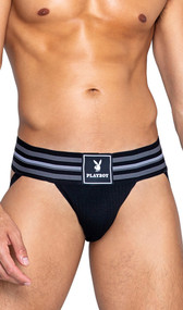 Jockstrap features ribbed knit pouch, Playboy logo patch, wide striped elastic waistband and elastic rear straps.