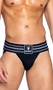 Jockstrap features ribbed knit pouch, Playboy logo patch, wide striped elastic waistband and elastic rear straps.