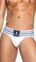 Jockstrap features ribbed knit pouch, Playboy logo patch, wide striped elastic waistband and elastic rear straps.