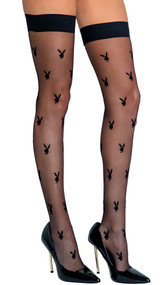 Sheer thigh high stockings feature the Playboy bunny logo and silicone stay up top to help keep them in place. 15 denier, no back seam.