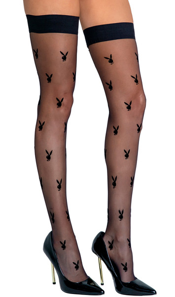 Sheer thigh high stockings feature the Playboy bunny logo and silicone stay up top to help keep them in place. 15 denier, no back seam.