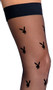 Sheer thigh high stockings feature the Playboy bunny logo and silicone stay up top to help keep them in place. 15 denier, no back seam.