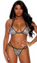 Animal print bra top features a charmeuse satin fabric, adjustable triangle cups, double halter straps and tie back closure. Matching thong back panty also included. Two piece set.