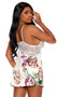 Floral print charmeuse satin chemise with scalloped lace cups, plunging V neckline and adjustable shoulder straps.