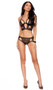 Lace cami top features underwire demi cups with strappy accents, double front clip closures, cut out design and Y back with adjustable strap. Matching panty with ruched back also included. Two piece set.