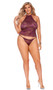 Lace cami top features high halter style neckline, scalloped hem, and flyaway back with clip closure. Matching panty also included. Two piece set.