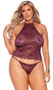 Lace cami top features high halter style neckline, scalloped hem, and flyaway back with clip closure. Matching panty also included. Two piece set.