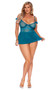Mesh and lace babydoll features off the shoulder flutter sleeves, peplum hem, underwire cups, satin bow, adjustable shoulder straps and keyhole hook and eye back closure. Matching G-string also included. Two piece set.
