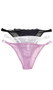 Low rise Brazilian cut panty with semi-sheer stretch eyelash lace front, double strap detail leading into single strap side, O ring accents, picot elastic trim, and solid mesh back. This listing is for a pack of three panties. You will receive one of each: black, purple and white.