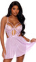 Scalloped lace and sheer mesh babydoll features underwire demi cups with strappy accents, O ring detail, cut out sides, adjustable shoulder straps and hook and eye back closure. Matching G-string also included. Two piece set.