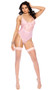 Mesh and lace teddiette features scalloped cups with strappy accents, adjustable shoulder straps, high cut leg, cheeky cut back, and adjustable and detachable garters. Slip on style.