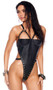 Leather teddy features underwire demi cups with studded strappy details, O ring accents, nail heads trim, adjustable shoulder straps, high cut on the leg, elastic G-string back, and stretch Spandex back with hook and eye closure.