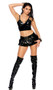Vinyl mini skirt features double layer pleats, front double chain accents and back slit with zipper closure.