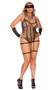 Sheer fence net striped teddy features V neckline, spaghetti straps, open crotch, attached leg straps and garters. Matching eye mask also included. Two piece set.