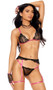 Lace bra features sheer scalloped triangle cups, contrast trim, adjustable shoulder straps and back clasp closure. Matching garter belt with adjustable straps, thong, and fingerless gloves also included. Four piece set.