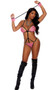 Strappy lace teddy features scalloped cups with O ring accents, adjustable shoulder straps, G-string back and back clasp closure. Matching wrist cuffs also included. Two piece set.