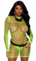 Sheer mini dress features stretchy diamond net fabric and long sleeves.
