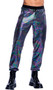 Shimmer joggers feature iridescent rainbow camouflage fabric, elastic waistband and drawstring closure.