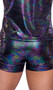 Shimmer shorts feature iridescent rainbow camouflage fabric, elastic waistband and drawstring closure.
