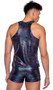 Shimmer tank top with rainbow camouflage pattern and buckle straps.