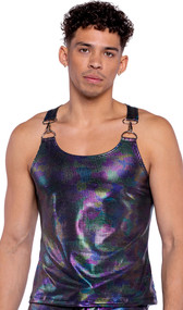 Shimmer tank top with rainbow camouflage pattern and buckle straps.