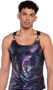 Shimmer tank top with rainbow camouflage pattern and buckle straps.