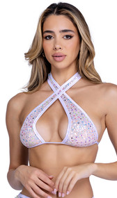 Sleeveless sequin fishnet crop top with criss cross halter neck straps forming a front keyhole look, back tie closure, and shimmer trim.