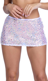 Sequin fishnet mini skirt with shimmer trim. Pull on style.