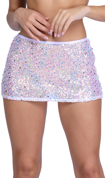 Sequin fishnet mini skirt with shimmer trim. Pull on style.