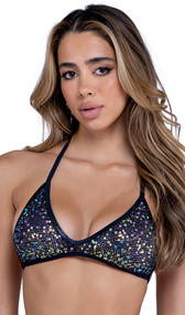 Sequin fishnet bikini top with shimmer trim, halter neck and tie back.
