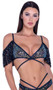 Sequin fishnet crop top features plunge triangle cups with wrap detail, shimmer trim, off the shoulder sequin fringe accents, and back tie closure.