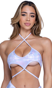 Shimmer crop top features underboob cutout with wraparound strap detail, halter neck and tie back closures.