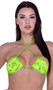 Sequin bikini top features adjustable triangle cups, shimmer trim, halter neck and tie back.