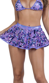 Sequin flare skirt features elastic waistband and shimmer trim.
