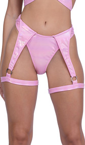 Metallic iridescent bikini style shorts with attached leg garters, O ring accents and thong cut back.