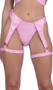 Metallic iridescent bikini style shorts with attached leg garters, O ring accents and thong cut back.