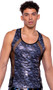Shimmer camouflage tank top features racerback straps and sheer fishnet sides and back.