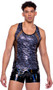 Shimmer camouflage tank top features racerback straps and sheer fishnet sides and back.
