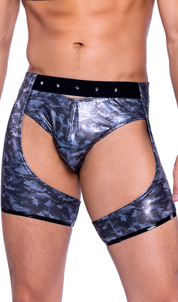 Shimmer camouflage chaps with elastic waist and studded detail.