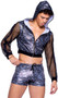 Shimmer camouflage cropped jacket features hood with drawstring, sheer fishnet sleeves with studded detail, elastic trim and front zipper closure.