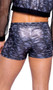 Shimmer camouflage shorts feature zipper pockets, elastic waistband and drawstring closure.