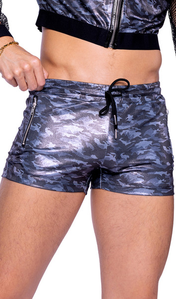 Shimmer camouflage shorts feature zipper pockets, elastic waistband and drawstring closure.