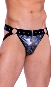 Shimmer camouflage jock strap with elastic straps, studded detail, O ring accents, and front zipper closure.