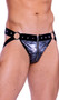 Shimmer camouflage jock strap with elastic straps, studded detail, O ring accents, and front zipper closure.