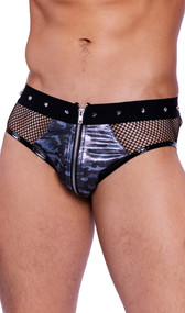 Shimmer camouflage briefs features sheer fishnet sides and back, elastic waistband with stud detail and front zipper closure.