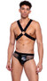 Studded harness with elastic straps and O ring details.