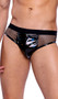 Vinyl briefs feature sheer fishnet sides and back with elastic waistband.