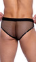 Vinyl briefs feature sheer fishnet sides and back with elastic waistband.